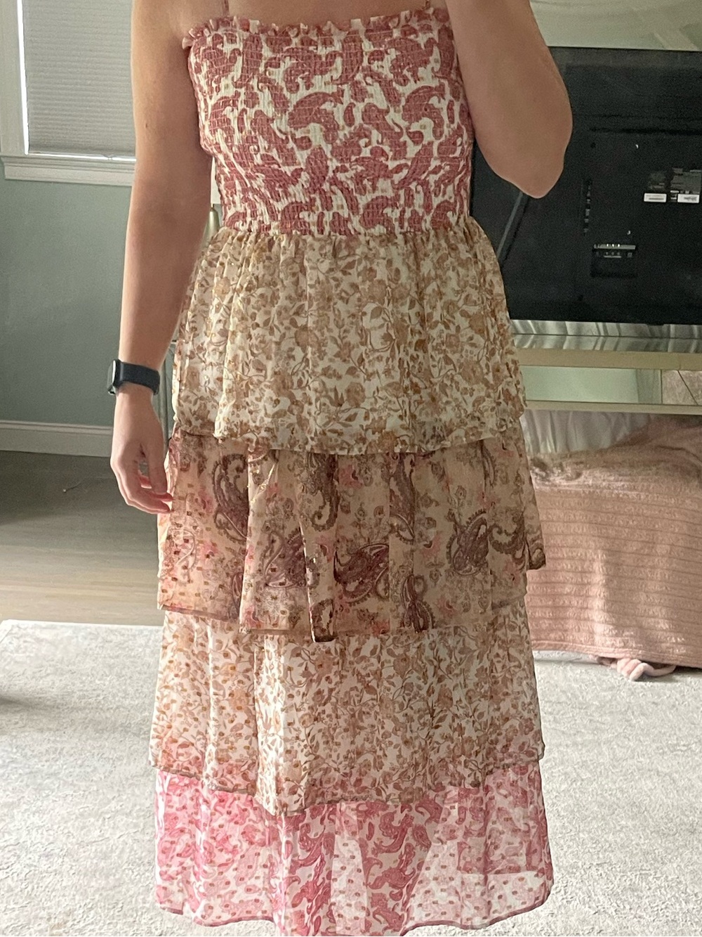 Boho Tiered Strapless Maxi Dress in Pink & Cream